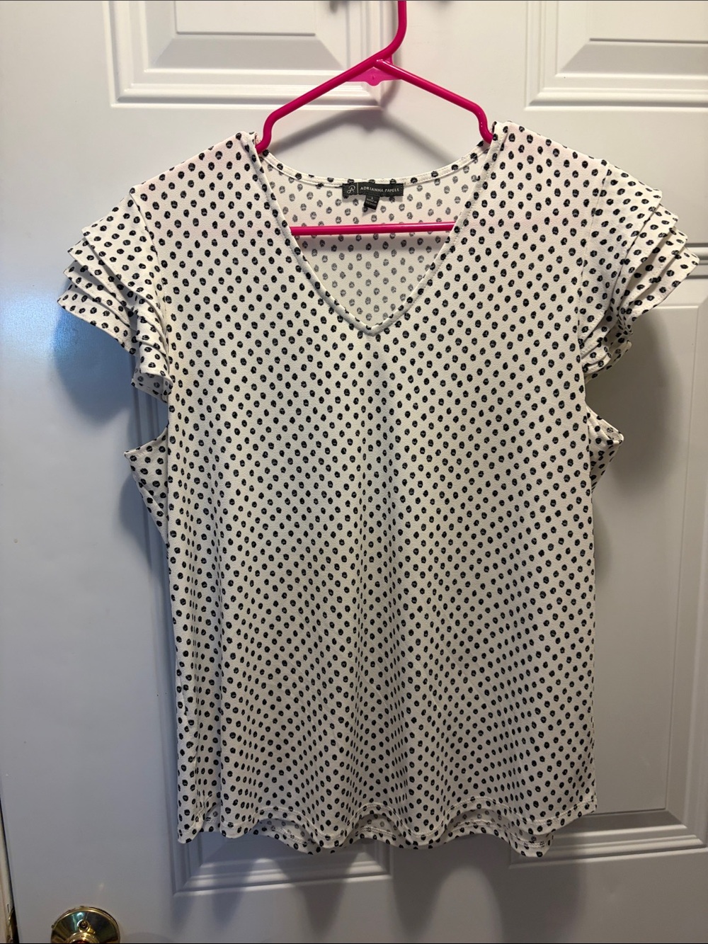 Adrianna Papell White V-Neck Polka Dot Flutter Sleeve Blouse